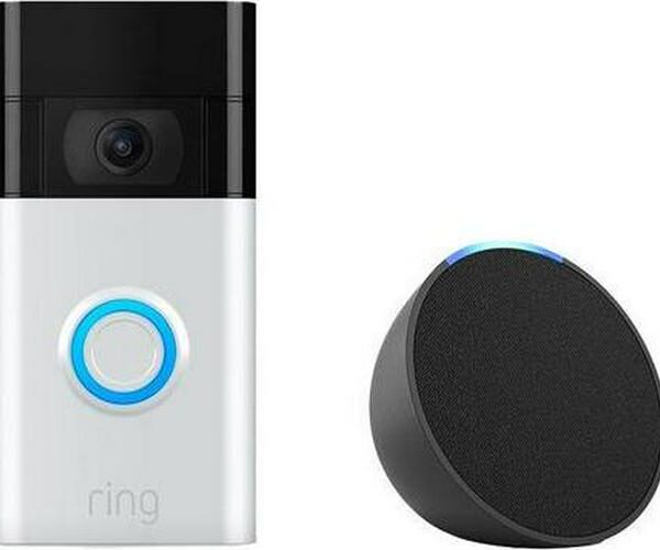 AMAZON Echo Pop (1st Gen) Smart Speaker and Ring Video Doorbell (2nd Gen, Satin Nickel) Bundle