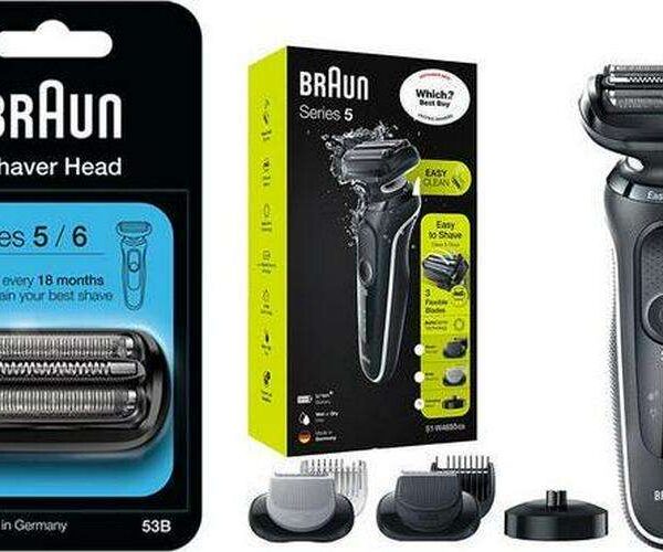 BRAUN Series 5 50-B1200s Wet and Dry Foil Shaver (Black and White) and Series 5 and 6 New Gen 53B Electric Shaver Head Replacement (Black) Bundle