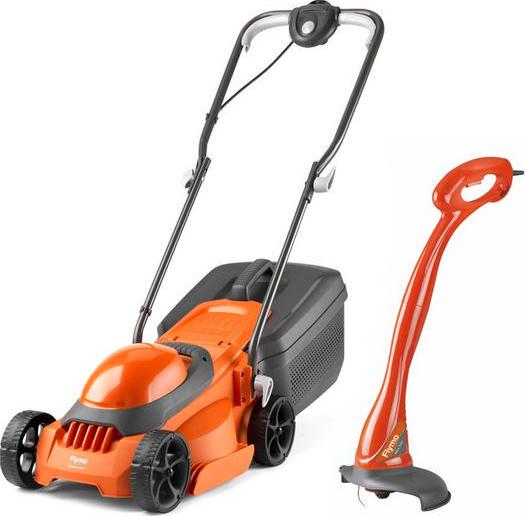 FLYMO EasiMow 300 Corded Rotary Lawn Mower and MiniTrim Cordless Grass Trimmer - Orange and Grey