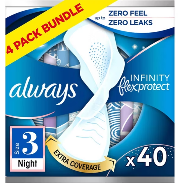 Always Infinity Night (Size 3) Sanitary Towels Wings 10 Pads x4 Bundle