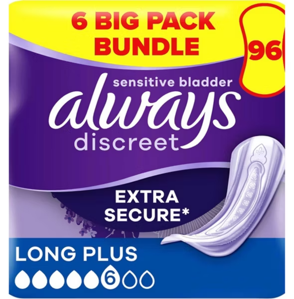 Always Discreet Incontinence Pads Plus Long Plus - 96 pads (6 pack bundle)