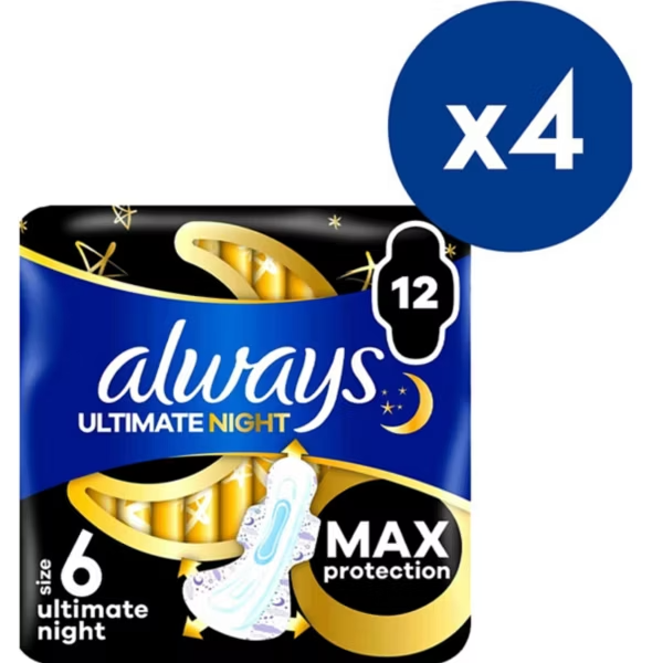 Always Sanitary Towels Ultimate Night (Size 6) Wings 12 Pads Bundle x4