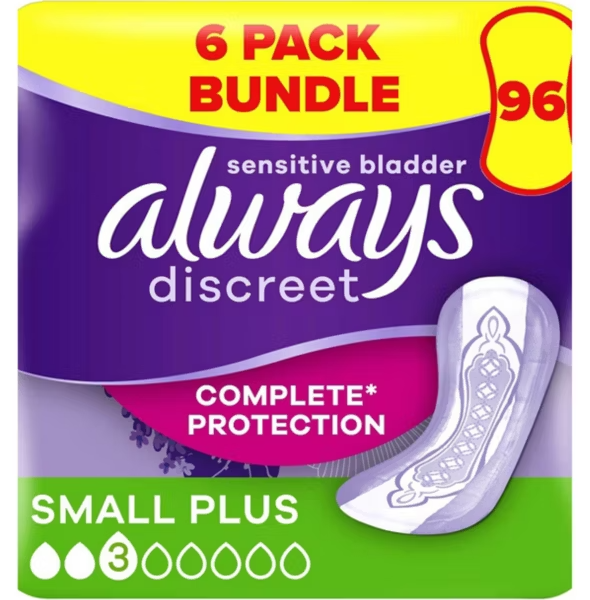 Always Discreet Incontinence Pads Small Plus - 96 pads (6 pack bundle)