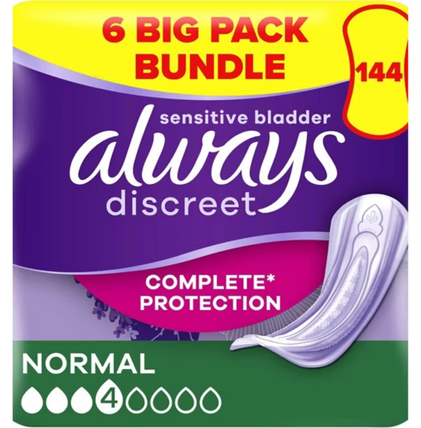 Always Discreet Incontinence Pads Normal - 144 pads (6 pack bundle)