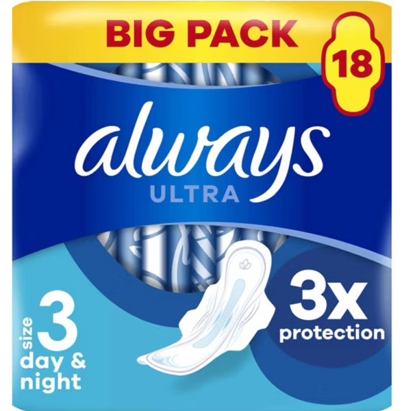 Always Ultra Sanitary Towels Day & Night (Size 3) Wings x18 Pads