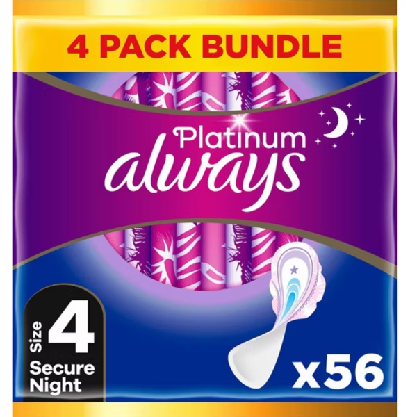 Always Platinum Secure Night (Size 4) 14 Pads x4 Bundle
