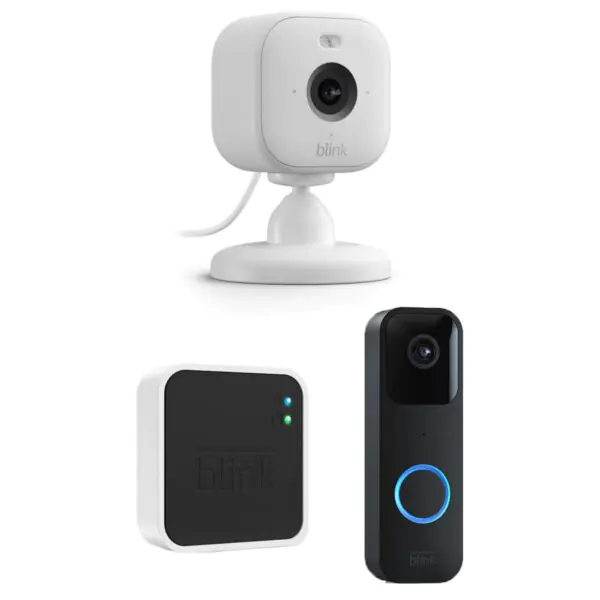 Blink Video Doorbell and Sync Module in Black + Blink Mini 2 Cam in White