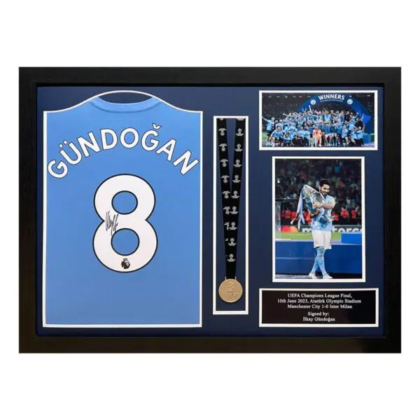 Gundogan Signed Framed Manchester City Shirt and Champions League Medal