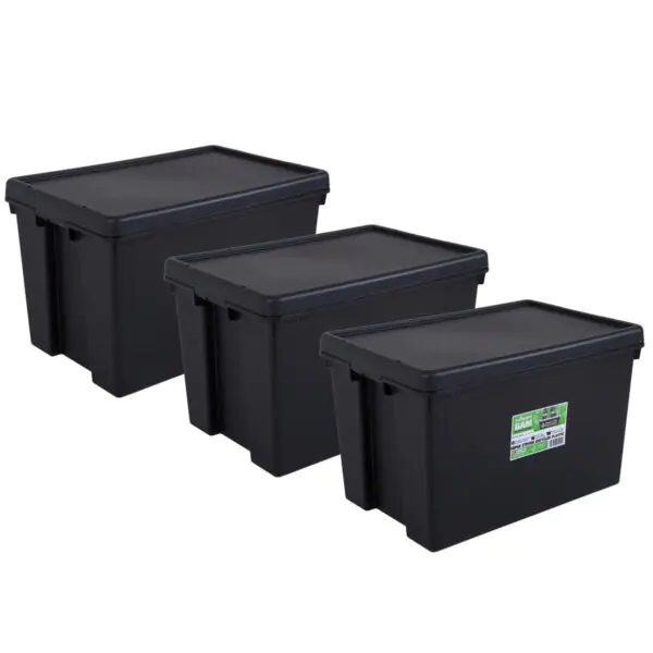 Wham Bam 62 Litre Recycled Heavy Duty Plastic Storage Box and Lid in Black - 3 Pack