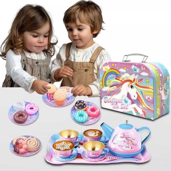 27 PC Unicorn Tea Set with Teapot Playset Toy For Kid With Food Item and Carry Box