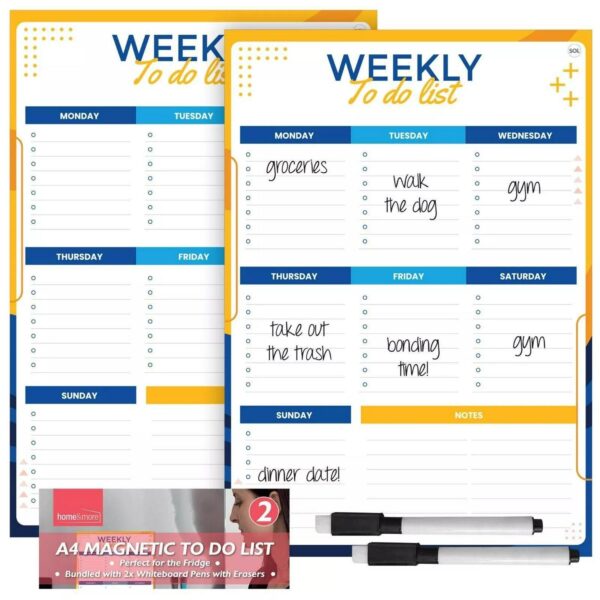2pk Magnetic Weekly Planner To Do List Whiteboard Fridge A4 Pad + Dry Wipe Pens