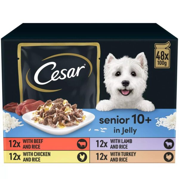 48 x 100g Cesar Luxury Senior 10+ Wet Dog Food Pouches Mixed Selection in Jelly