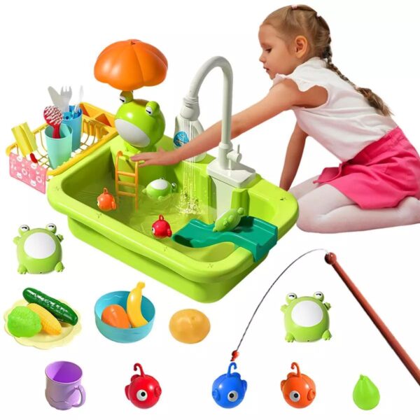 Kids 2 in 1 Kitchen Sink and Fishing Set Electric Running Water Dishwasher Toy