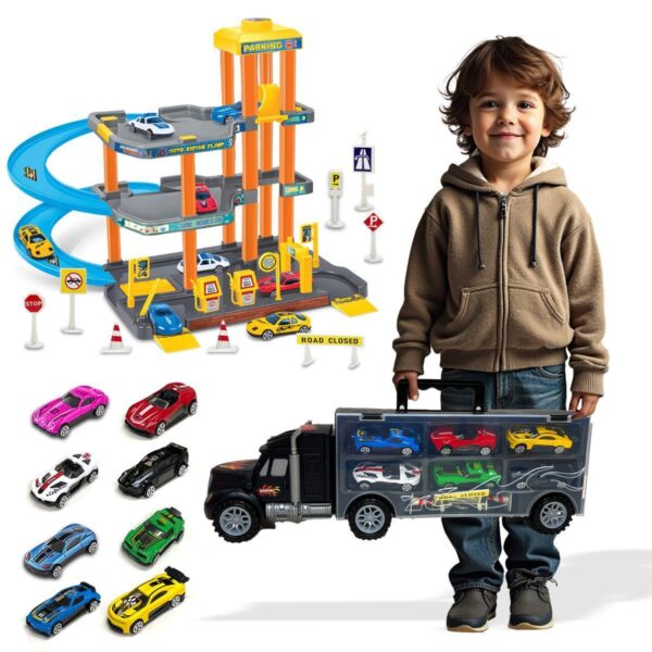 Kids 3 Storey Parking Garage with Spiral Tracks and Container Truck Play Set Game