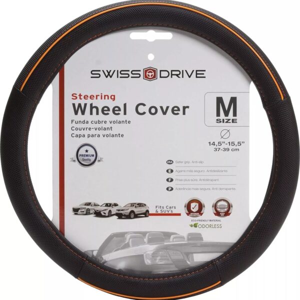NEW Sumex Branded Soft Leather Car Steering Wheel Cover - Black with Orange Line