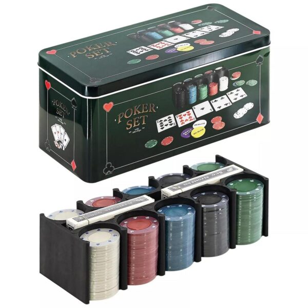 Poker Set Casino Game In Tin Box 200 Piece With Mat 2 Casino Chips and Card Decks