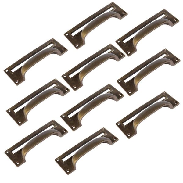 10x Filing Cabinet Cup Handle with Card Frame Cast Iron 130mm x 50mm Brass