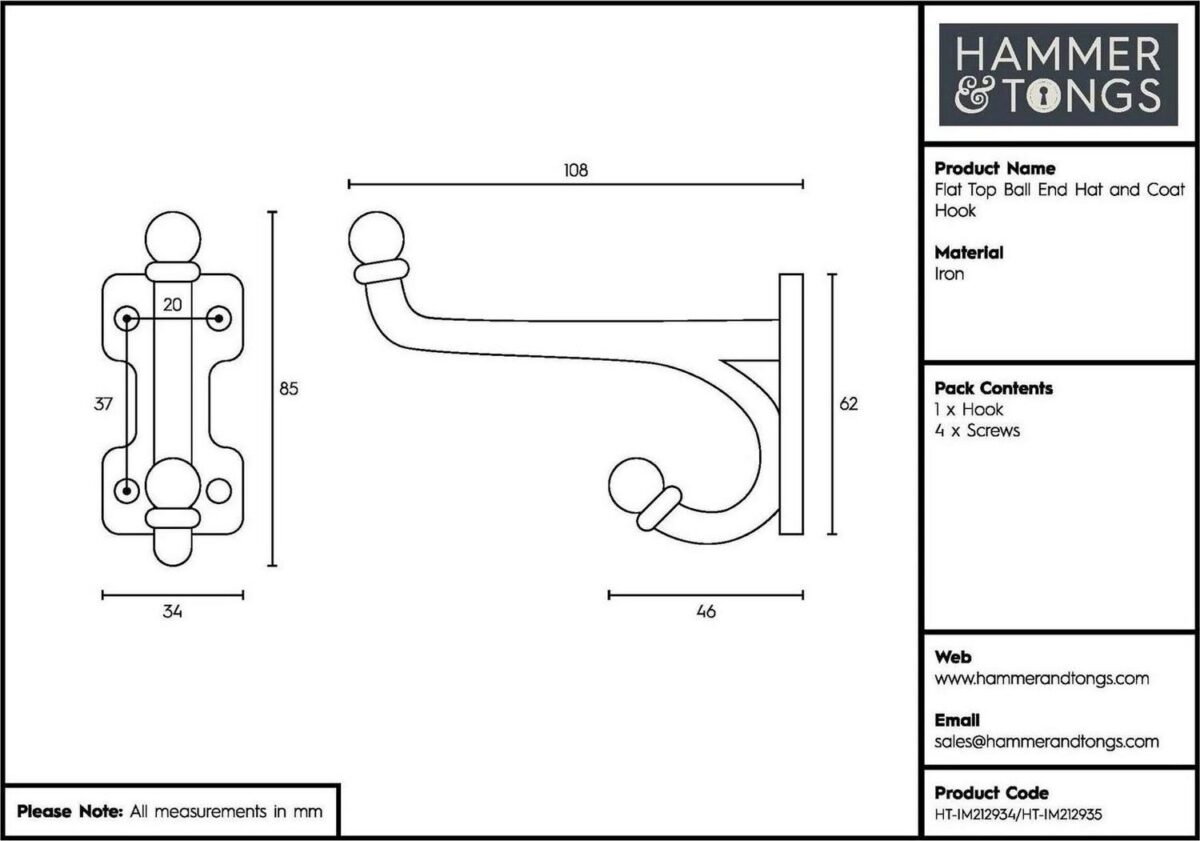10x Flat Top Ball End Hat and Coat Hook Cast Iron Vintage Style W35mm x H85mm Raw - Image 5