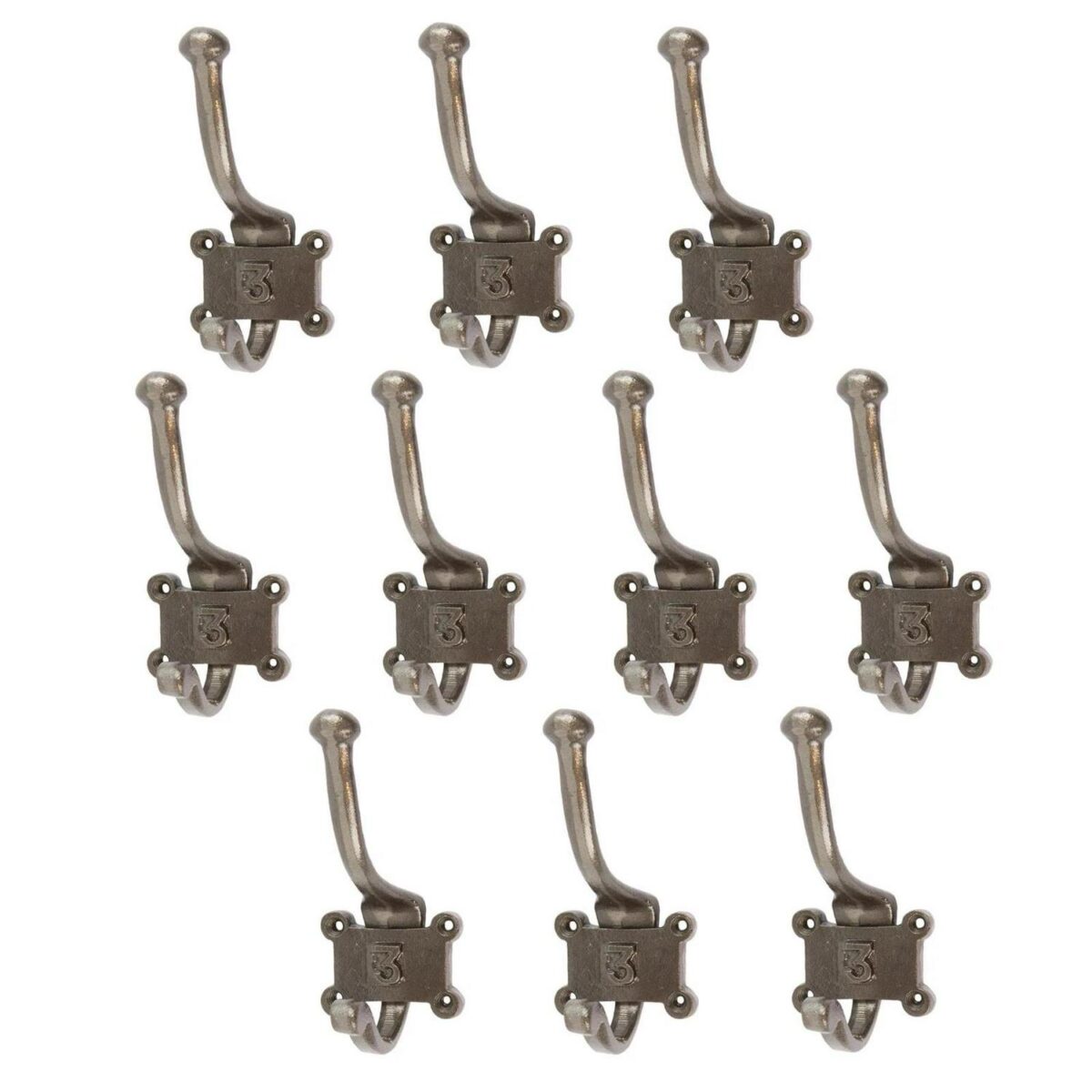 10x Number 3 Double Wall Hook Cast Iron Antique Style W50mm x H115mm Raw - Image 1