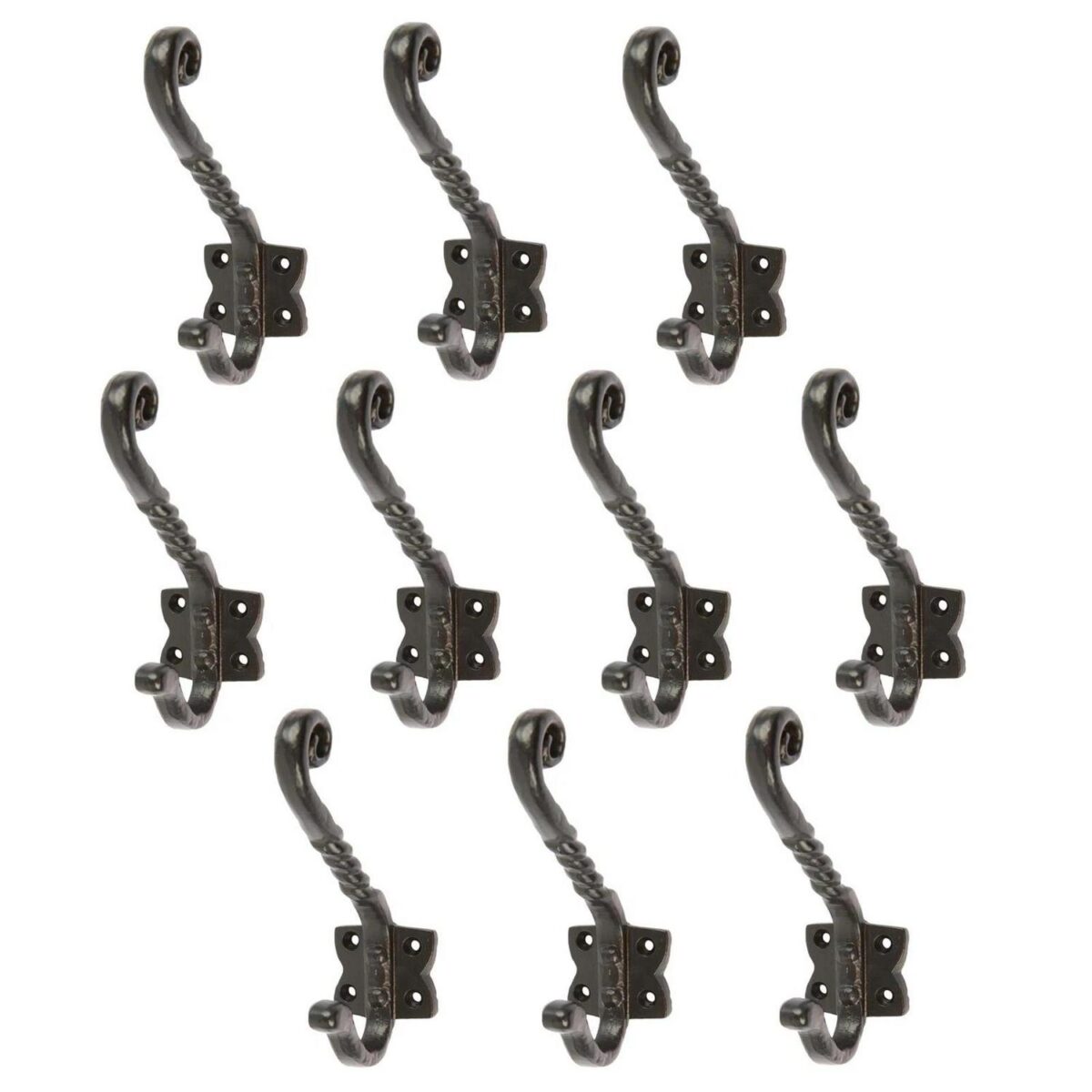 10x Twisted Scroll Hat and Coat Hook Cast Iron Vintage Style W40mm x H125mm Black - Image 1