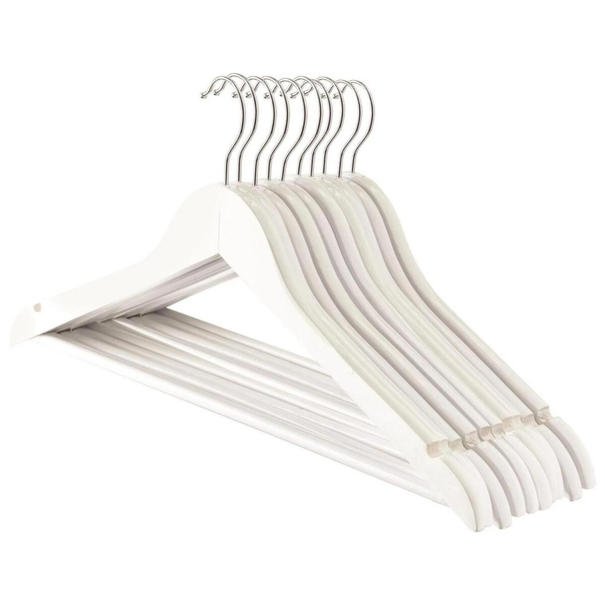 10x White Wooden Coat Hangers Strong Adult Suit Clothes Hanger with Trouser Bar - Image 1