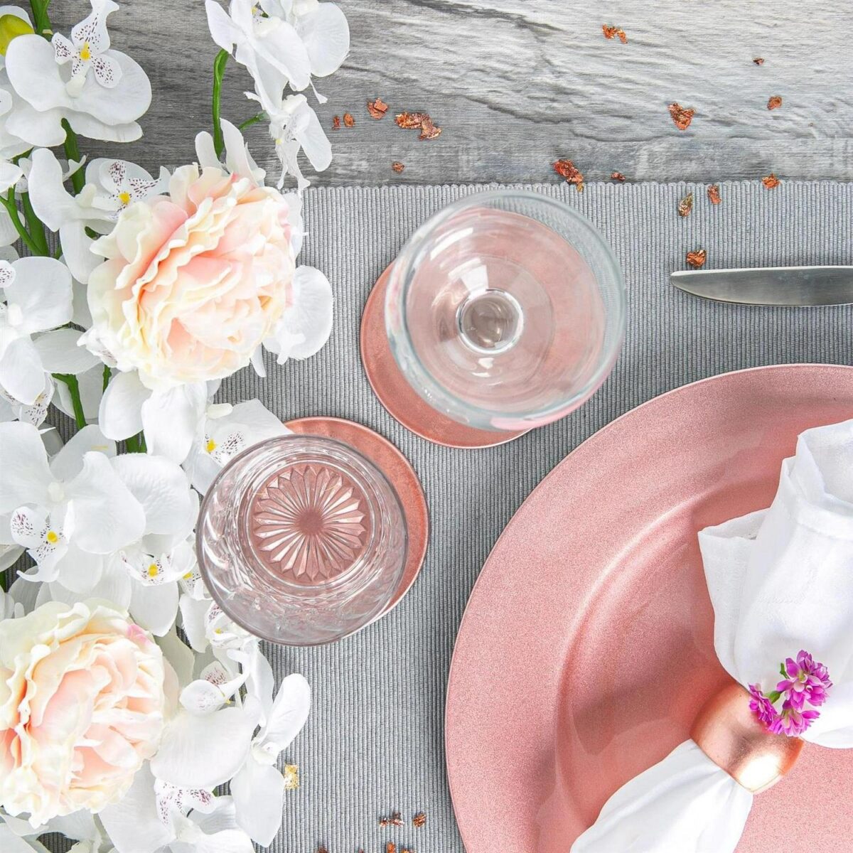 12 Piece Metallic Charger Plates Set Luxe Table Under Plate Coasters Rose Gold - Image 6