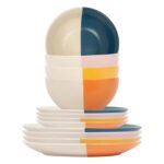 12pc Dipped Stoneware Dinner Set Multicolour Crockery Plates Bowls Mugs