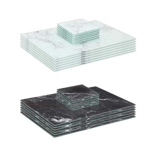 12pc Rectangle Glass Placemats and Square Coasters Set 30cm x 20cm Marble