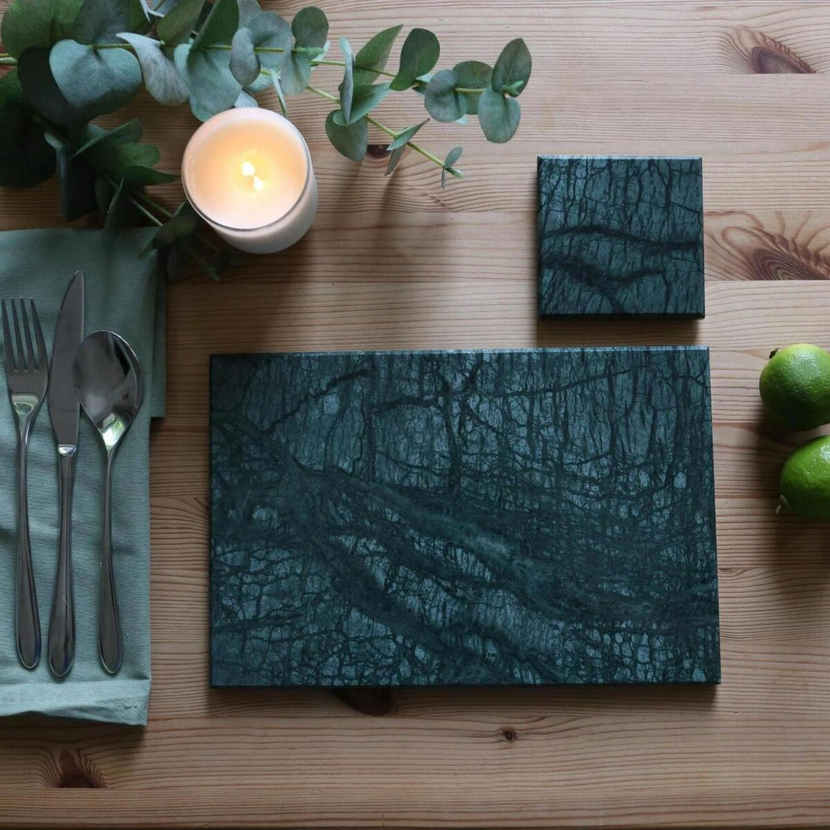 12pc Rectangle Marble Placemats and Square Coasters Set 30cm x 20cm Green - Image 5