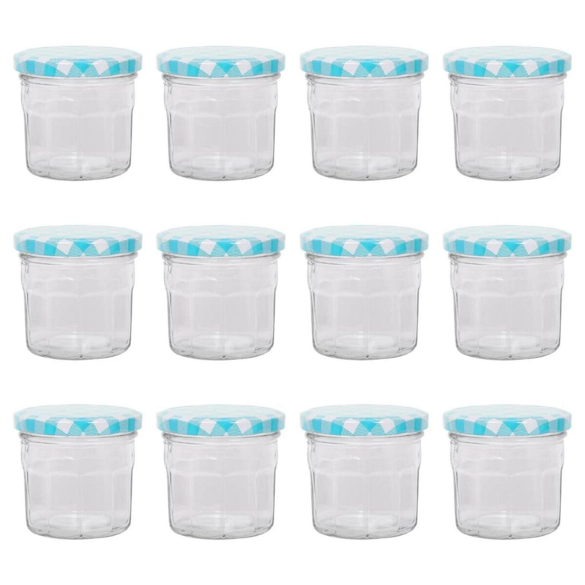 12x 130ml Glass Jam Jars with Blue Gingham Lids Chutney Preserve Honey Storage - Image 1
