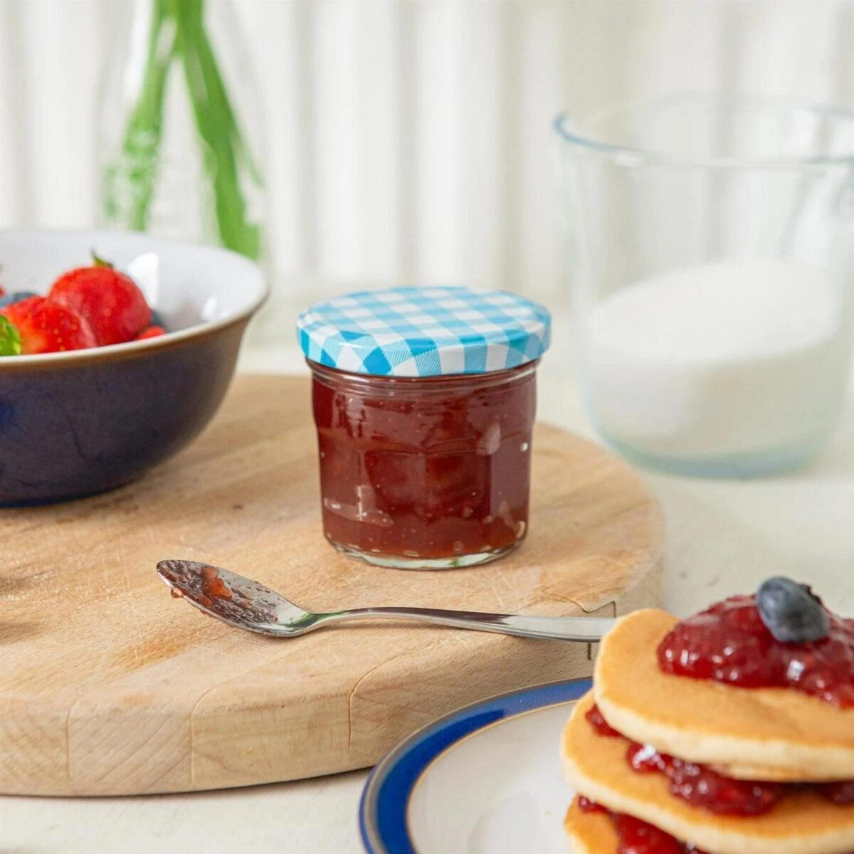 12x 130ml Glass Jam Jars with Blue Gingham Lids Chutney Preserve Honey Storage - Image 5
