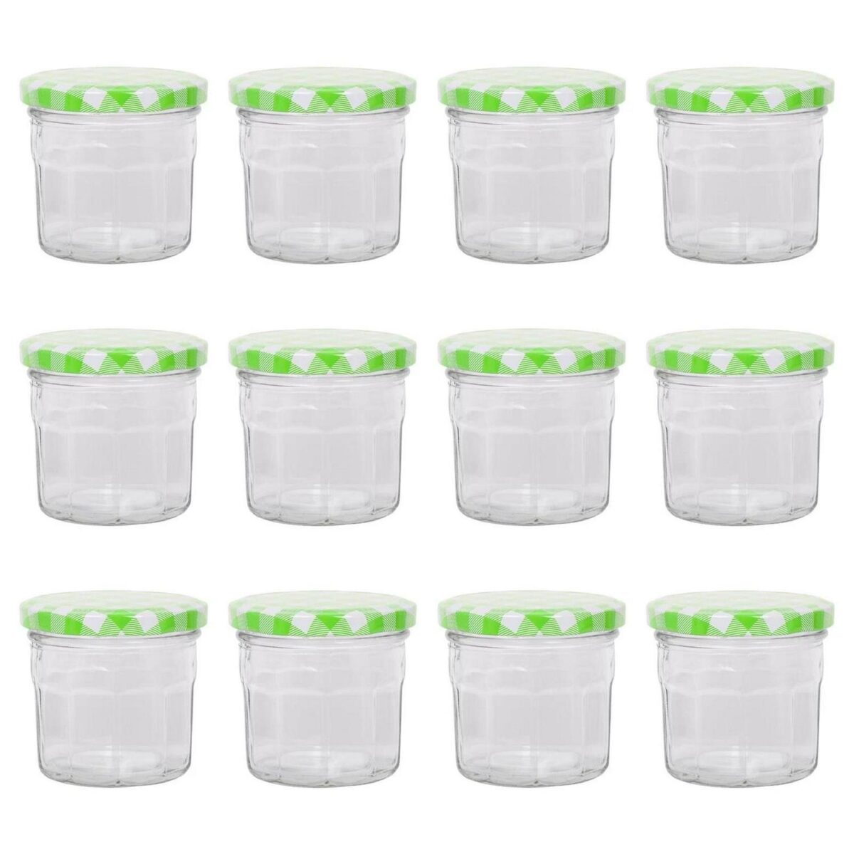 12x 130ml Glass Jam Jars with Green Gingham Lids Chutney Preserve Honey Storage - Image 1