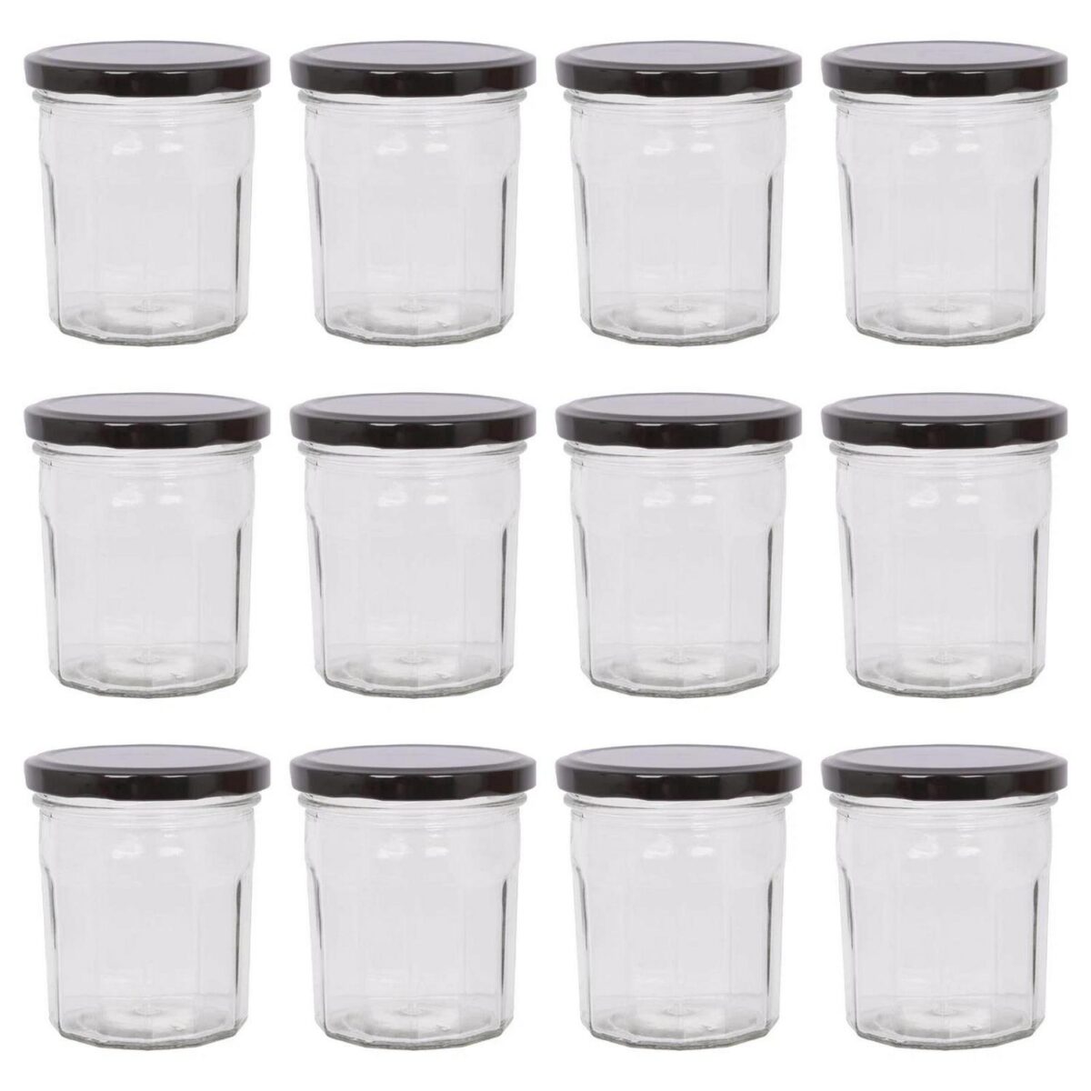 12x 250ml Glass Jam Jars with Black Lids Chutney Preserve Honey Pickle Storage - Image 1