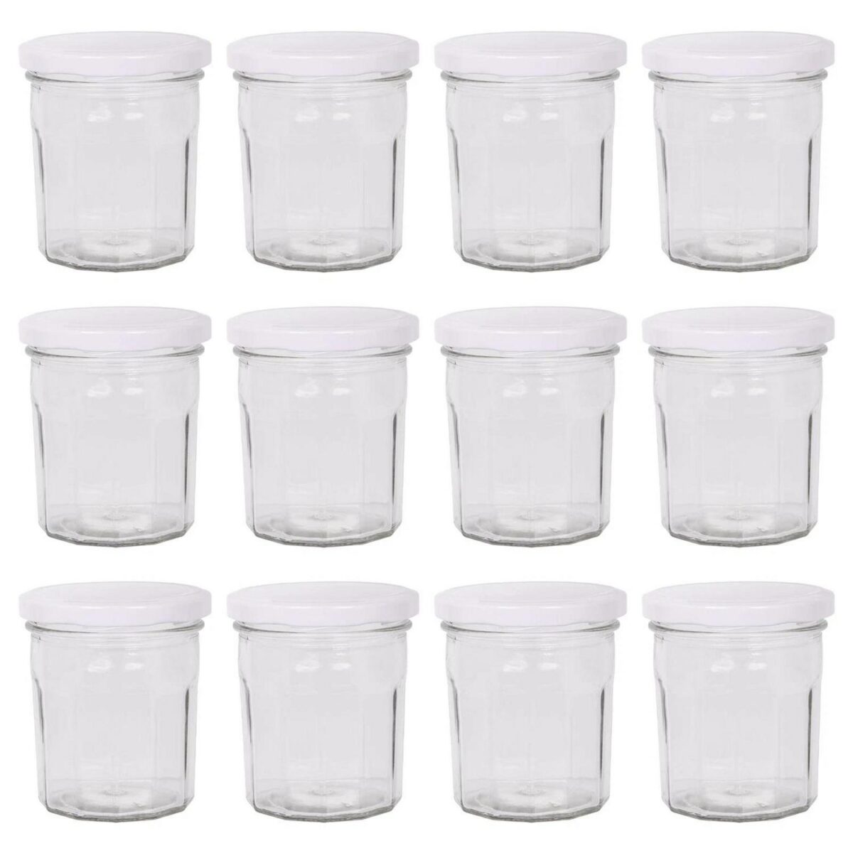 12x 250ml Glass Jam Jars with White Lids Chutney Preserve Honey Pickle Storage - Image 1