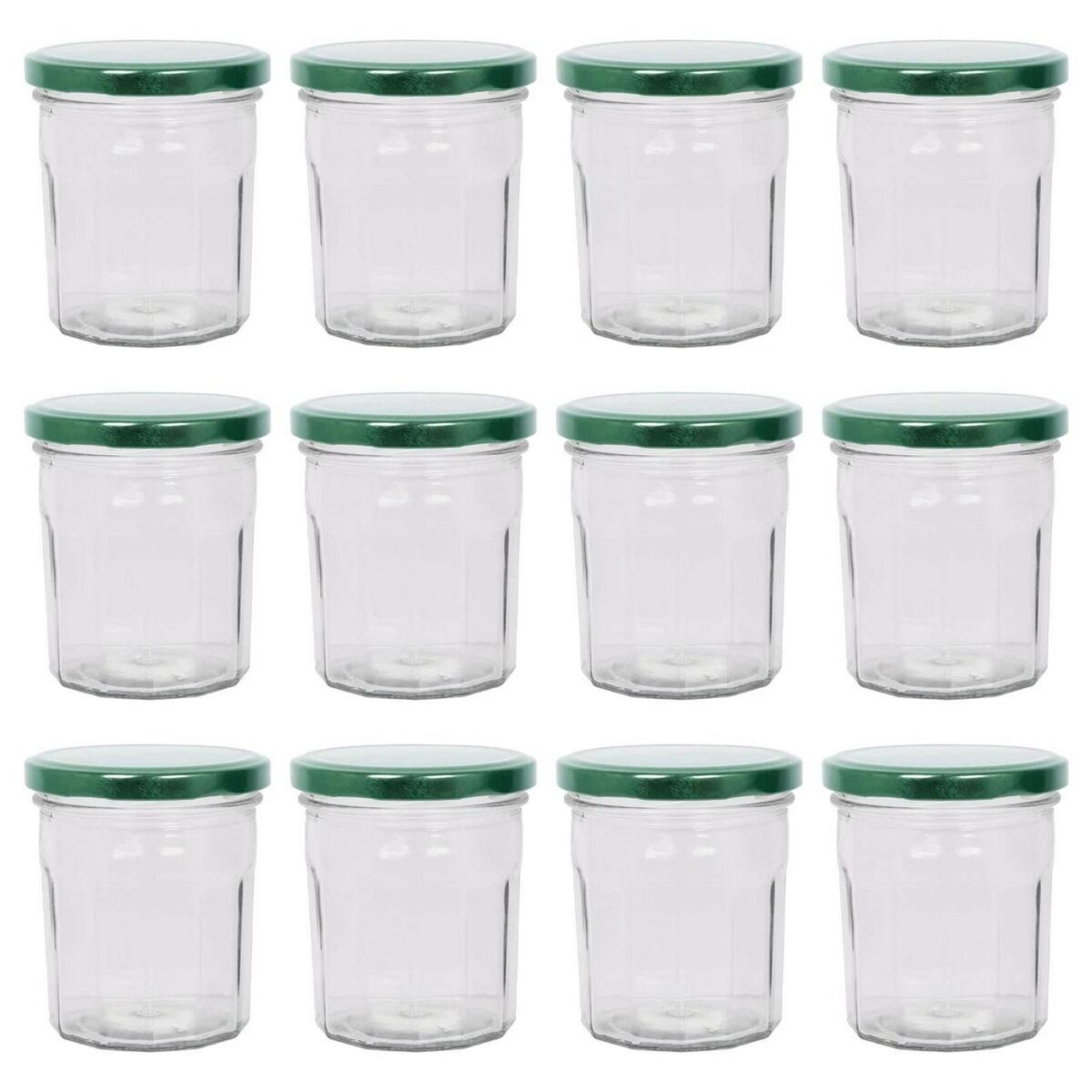 12x 250ml Glass Jam Jars with Green Lids Chutney Preserve Honey Pickle Storage - Image 1