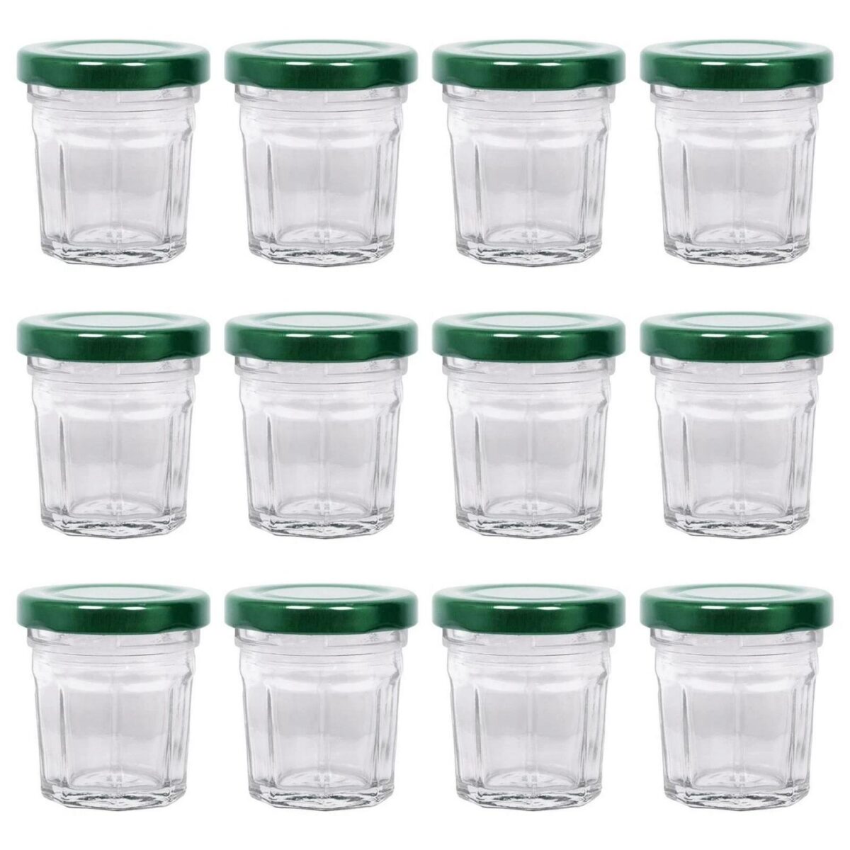 12x 30ml Glass Jam Jars with Green Lids Chutney Preserve Honey Pickle Storage - Image 1