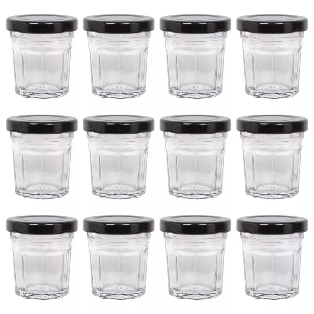 12x 30ml Glass Jam Jars with Black Lids Chutney Preserve Honey Pickle Storage - Image 1