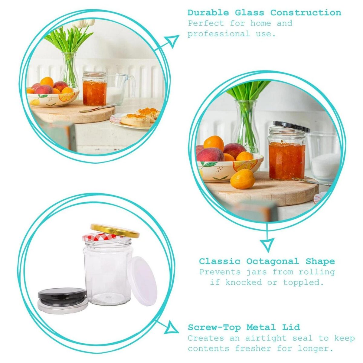 12x 380ml Glass Jam Jars with Black Lids Chutney Preserve Honey Pickle Storage - Image 2
