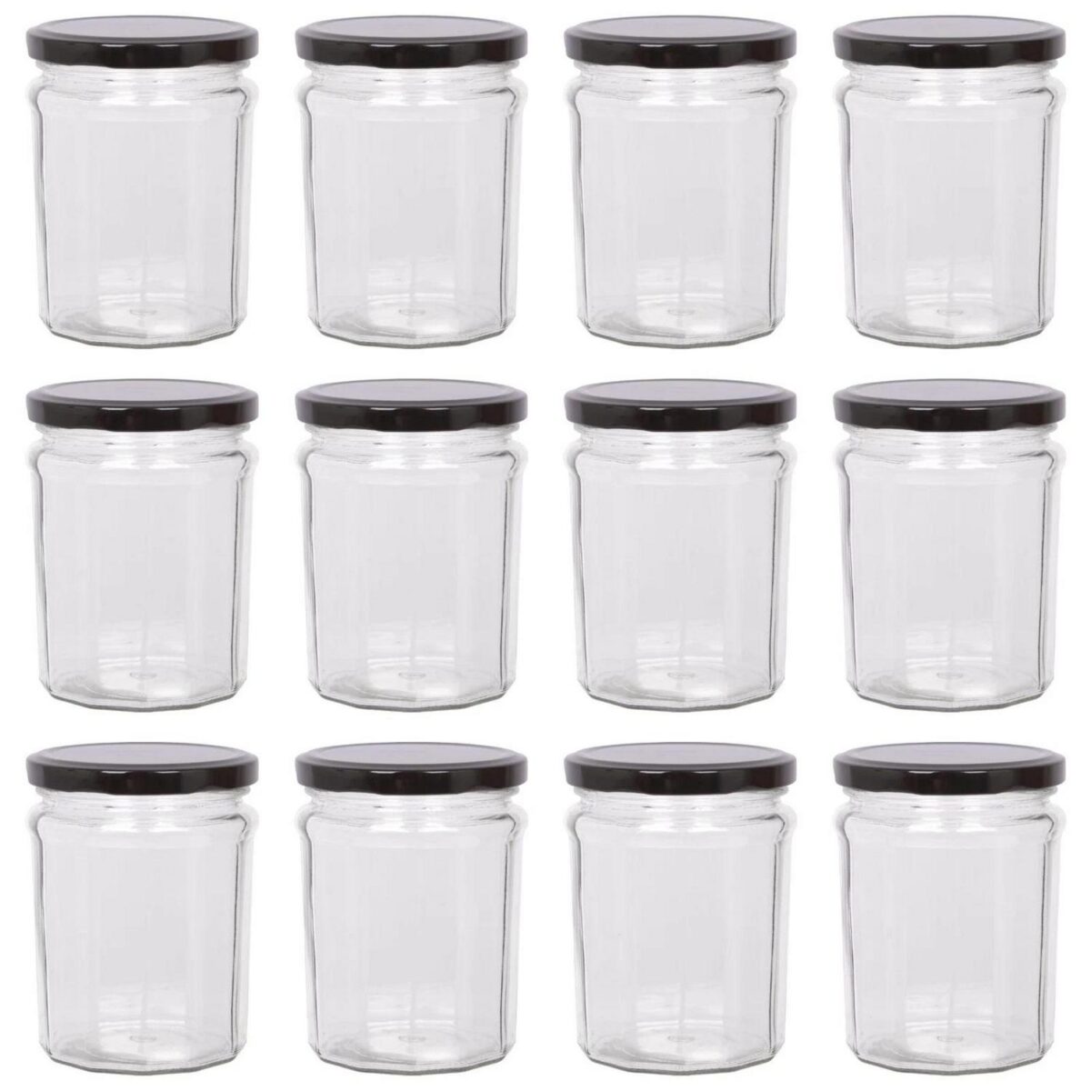12x 380ml Glass Jam Jars with Black Lids Chutney Preserve Honey Pickle Storage - Image 1