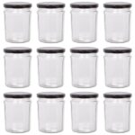 12x 380ml Glass Jam Jars with Black Lids Chutney Preserve Honey Pickle Storage