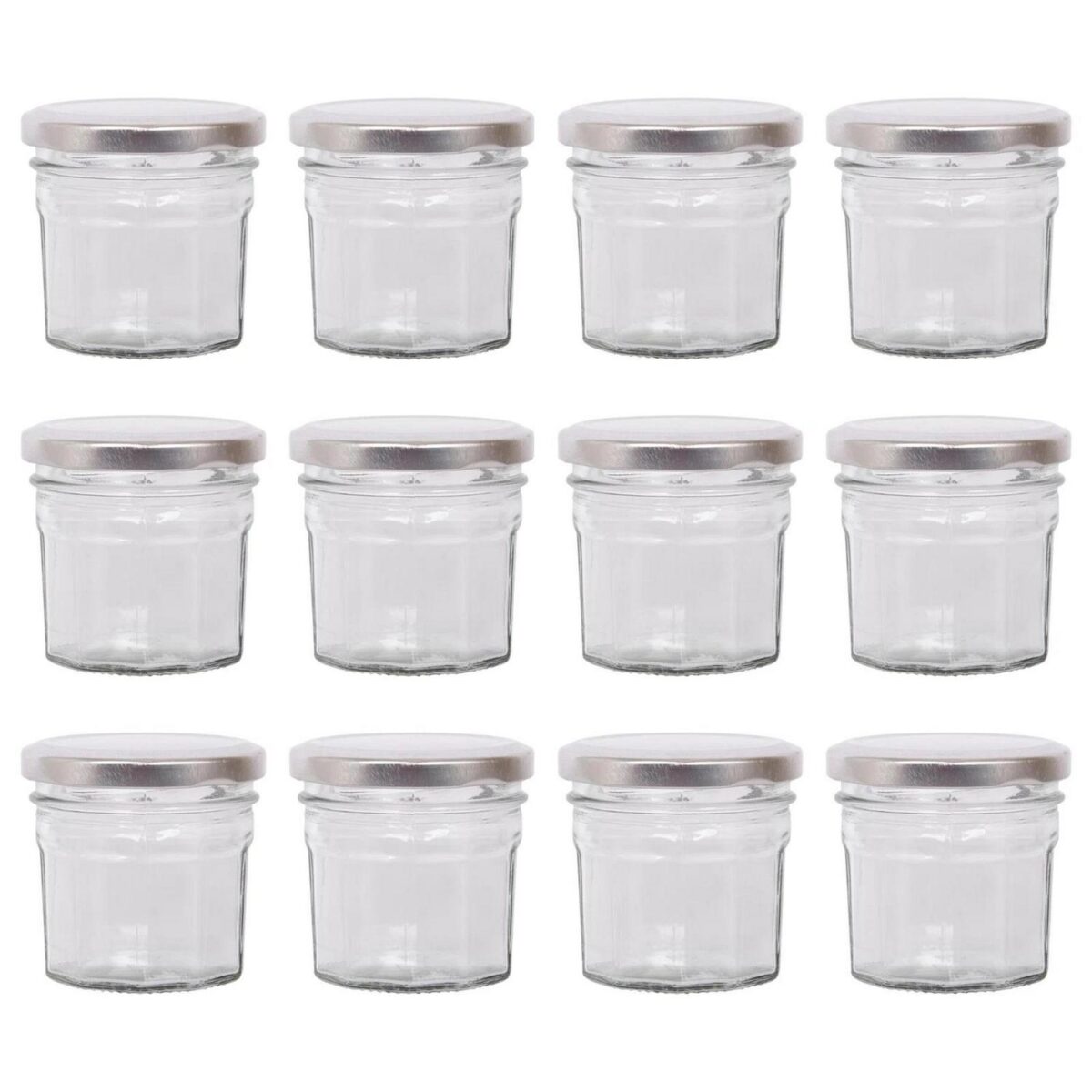 12x 90ml Glass Jam Jars with Silver Lids Chutney Preserve Honey Pickle Storage - Image 1