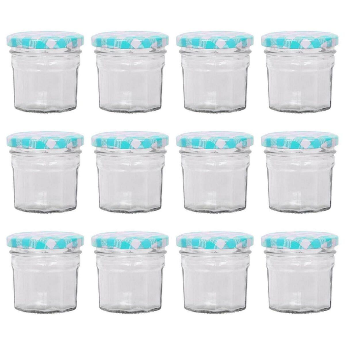 12x 90ml Glass Jam Jars with Blue Gingham Lids Chutney Preserve Honey Storage - Image 1