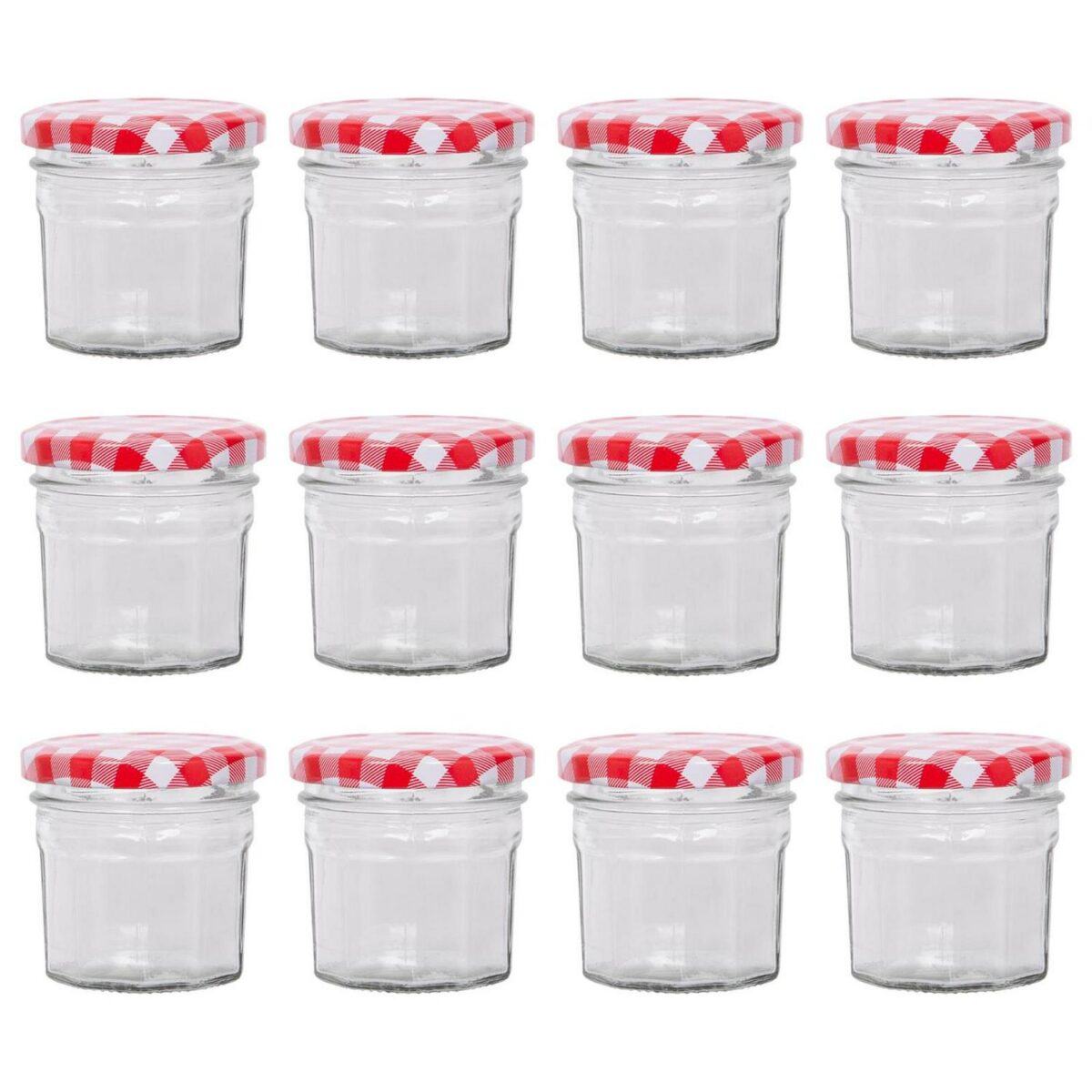 12x 90ml Glass Jam Jars with Red Gingham Lids Chutney Preserve Honey Storage - Image 1