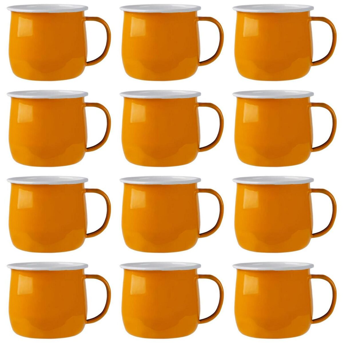 12x Coloured Enamel Belly Mugs Metal Camping Tea Coffee Cups Set 375ml Yellow - Image 1