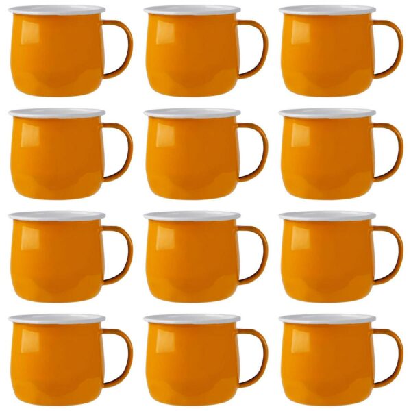 12x Coloured Enamel Belly Mugs Metal Camping Tea Coffee Cups Set 375ml Yellow