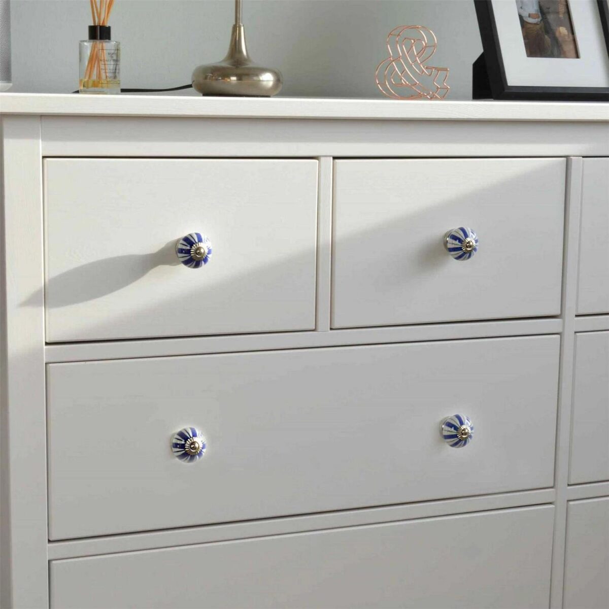 12x Round Ceramic Cabinet Knobs Vintage Cupboard Door Drawer Handles Navy Lines - Image 7
