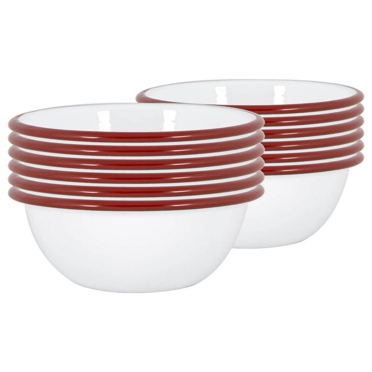 12x White Enamel Bowls Metal Outdoor Camping Food Dishes 16cm Red - Image 1