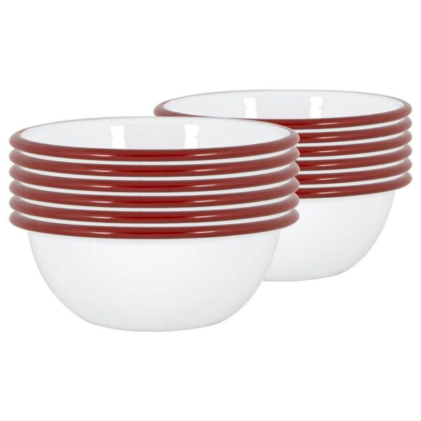 12x White Enamel Bowls Metal Outdoor Camping Food Dishes 16cm Red