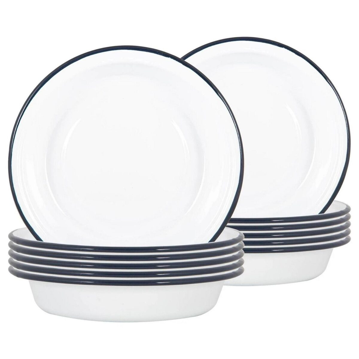 12x White Enamel Deep Bowls Metal Outdoor Camping Pie Oven Dishes 22.5cm Navy - Image 1
