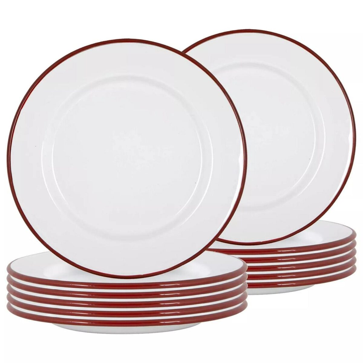 12x White Enamel Dinner Plates Metal Outdoor Camping Food Dishes 25.5cm Red - Image 1